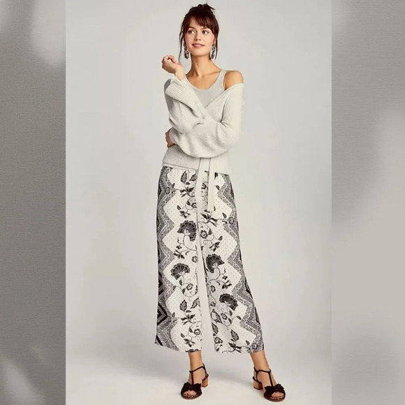 ETT TWA by Anthropologie Womens Cropped Wide Leg Pants Black White Size Large - Picture 1 of 15